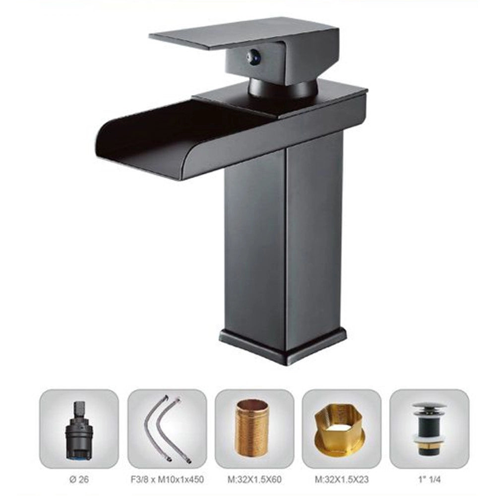 Trade Shop - Miscelatore A Cascata Nero Lavabo Bagno Rubinetto A Canna Bassa Monocomando 87398 -