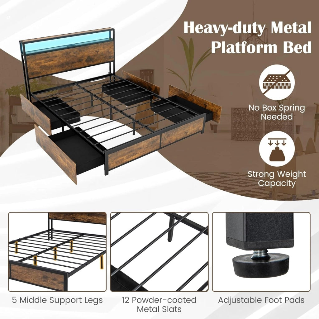 Struttura letto 160 x 200 cm con LED, telaio in metallo, letto con stazione di ricarica, letto per armadio, 4 cassetti da pavimento, letto matrimoniale con testiera e rete a doghe, telaio del