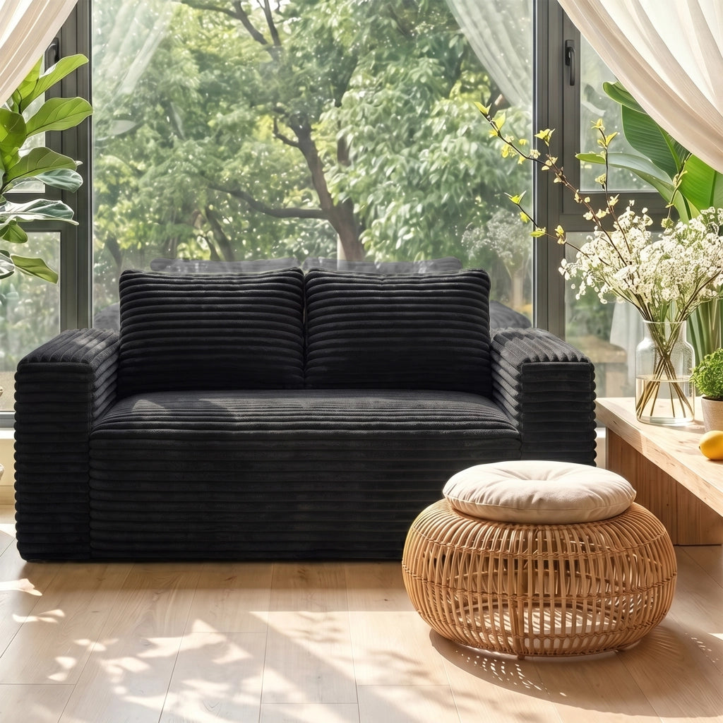 Divano a 2 posti in velluto a coste con schiuma ad alta densità senza montaggio per appartamento nero 105 × 32 × 32 cm