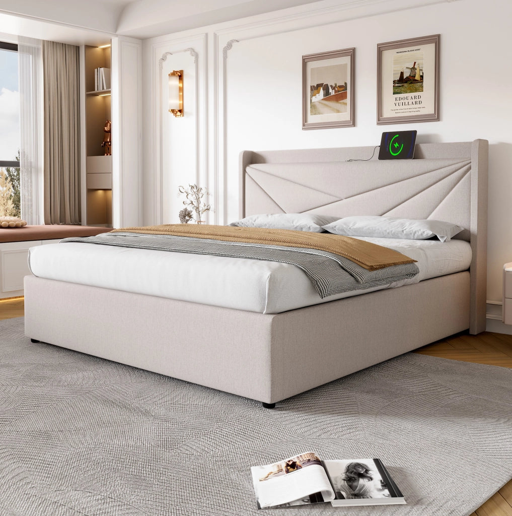 Letto matrimoniale contenitore 160x200 cm in cotone e lino beige con USB e Tipo C