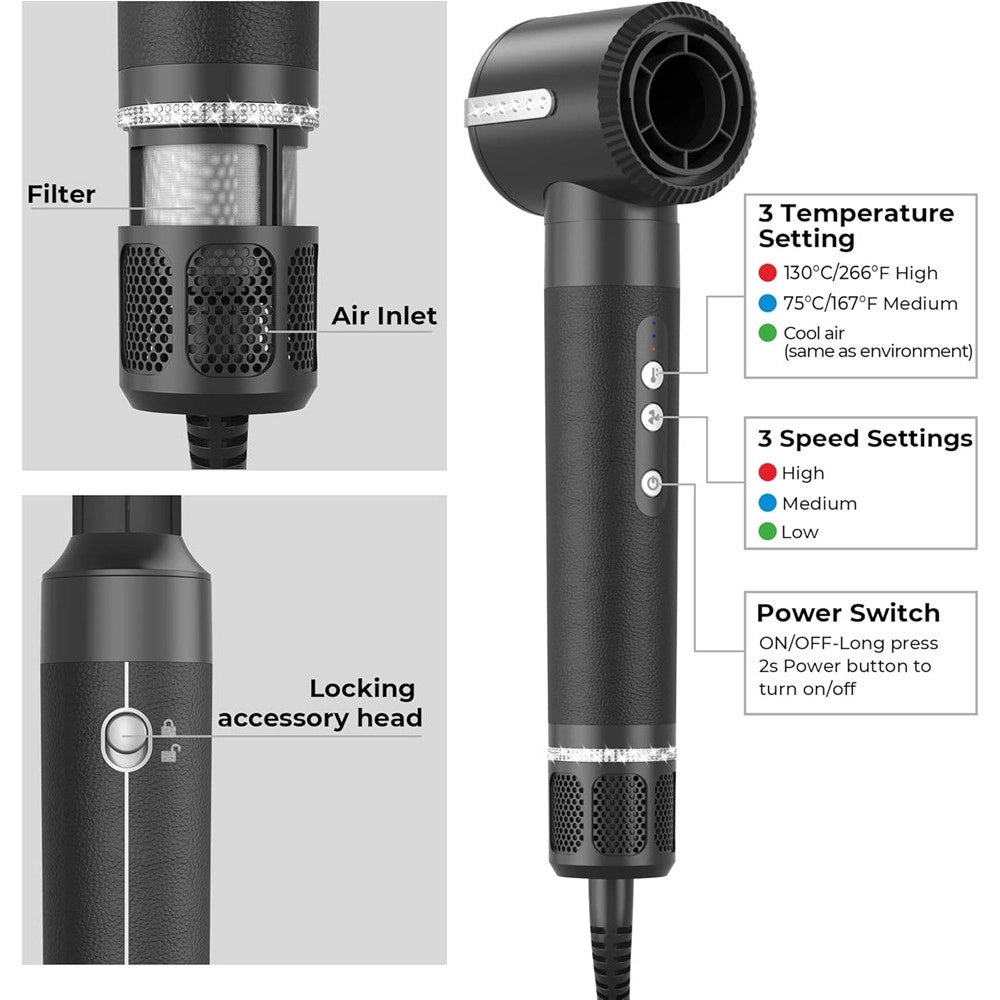 Trade Shop - Asciugacapelli Spazzola Phon Professionale Con Diffusore 7 In 1 Capelli Ricci Lisci -