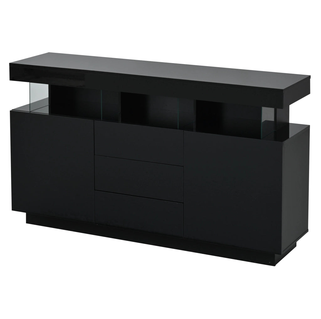 Madia nera lucida 140 x 35 x 80 cm con LED; 3 cassetti e 2 ante