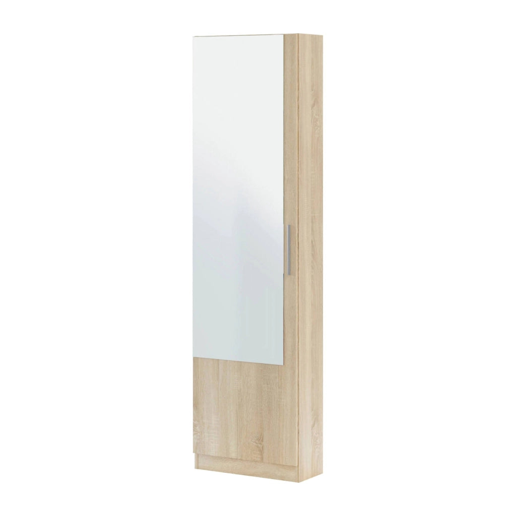 Scarpiera Euro, Armadio portascarpe alta a 1 anta, Mobile portascarpe moderno, Armadio da ingresso con specchio, cm 50x22h180, Rovere