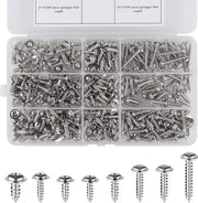 Assortimento di viti a testa piatta in acciaio inox M3-M4.8, 350 pezzi, con scatola in legno e plastica.