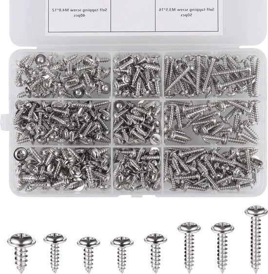 Assortimento di viti a testa piatta in acciaio inox M3-M4.8, 350 pezzi, con scatola in legno e plastica.