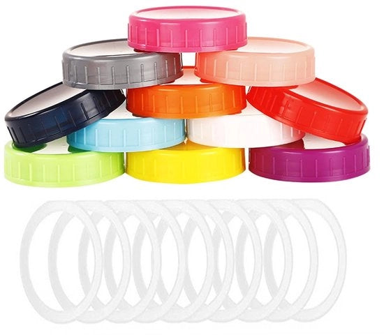 Mason Jar Deksels 12 pezzi - Plastica di Qualità Alimentare - Gomma Elastica - Resistenti al Lavastoviglie - Mix di Colore - Duraturo e Resistente - Copertura per Pentola