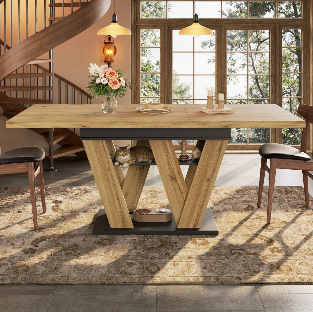 Tavolo da pranzo allungabile 119-158.5x80x75 cm con vano contenitore; MDF nero e naturale