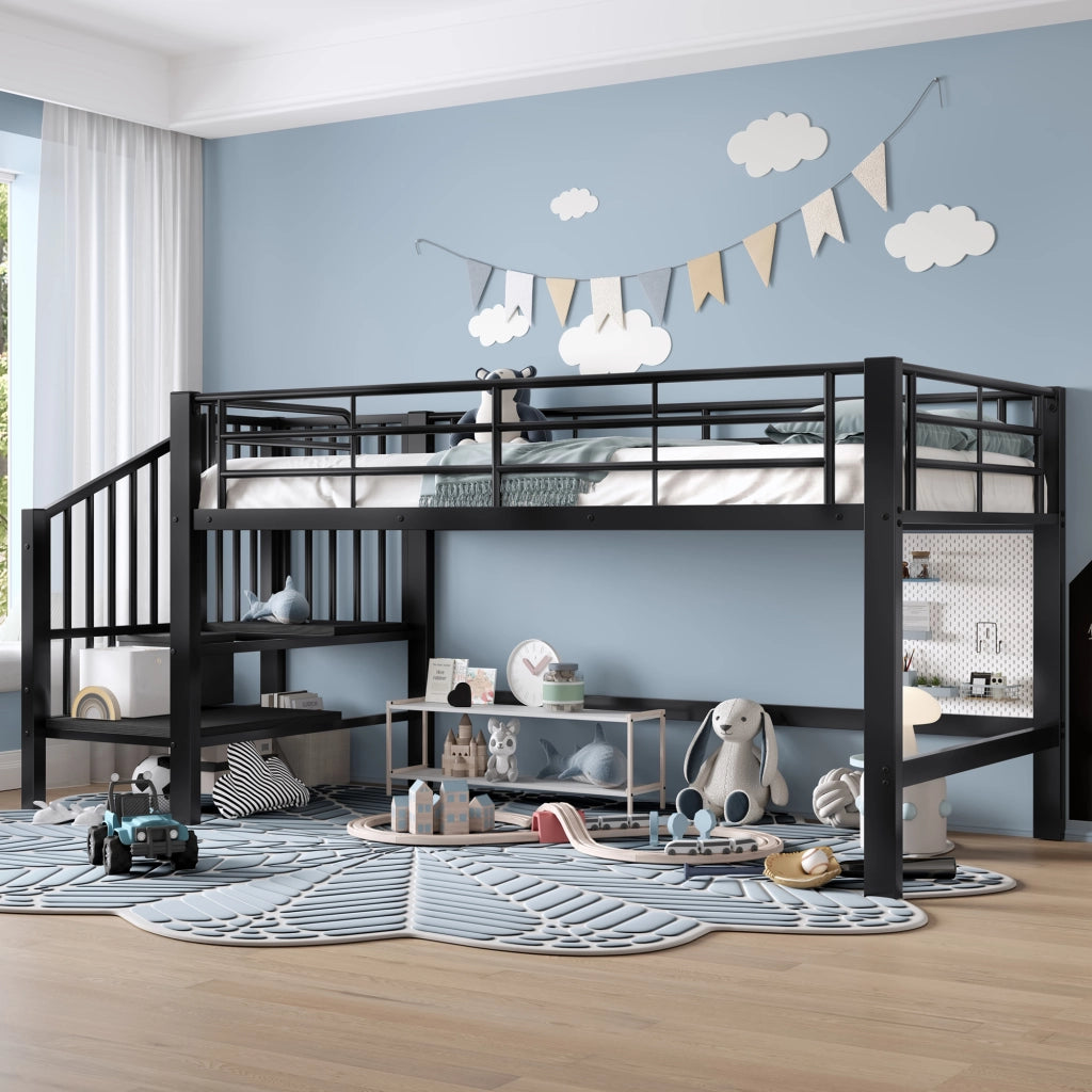 Letto alto semialto nero con scala contenitore in MDF e metallo 90x200 cm