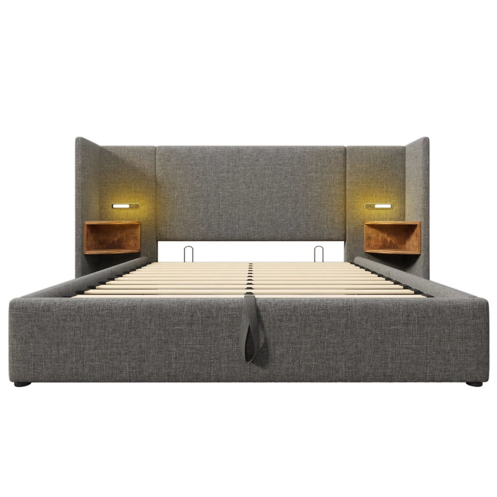 DESMIU Letto Contenitore Letto Matrimoniale con Ripiani, USB, Type-C e Lampada da Lettura 160 × 200 cm, Senza Materasso