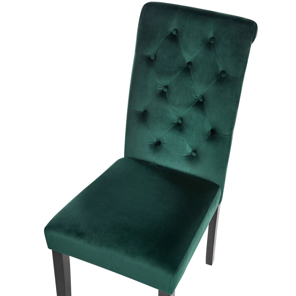 Set di 2 sedie da pranzo in velluto verde legno di gomma gambe nere bottoni e piedistalli