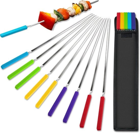 Spiedini per barbecue 10 pezzi - Manico in silicone resistente al calore - Spiedini in acciaio inossidabile - Lunghezza 405 mm - Antiscivolo - Utilizzo duraturo - Spiedini per barbecue