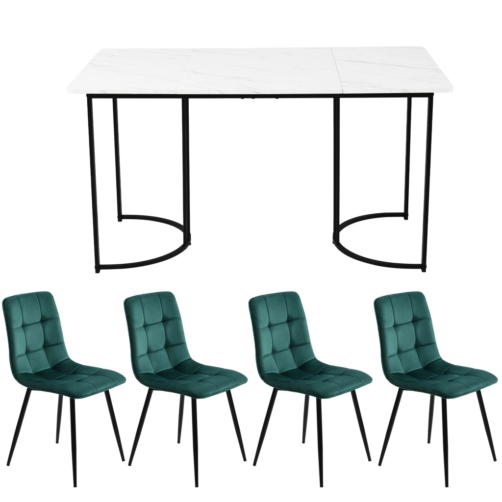 Tavolo da pranzo per 4 persone con 4 sedie in velluto, piano effetto marmo, in MDF e metallo, per cucina, 140 × 80 cm