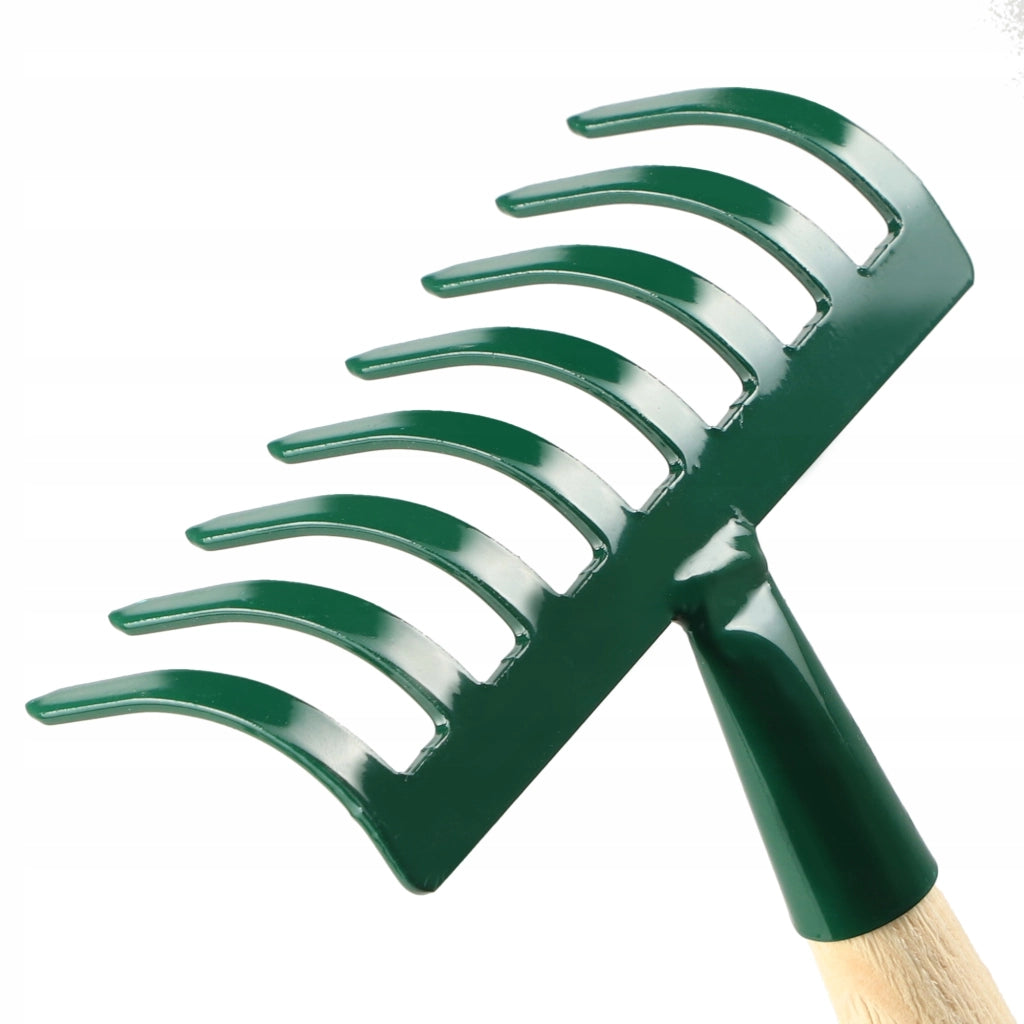 KADAX Piccolo rastrello per foglie ed erba da giardino, 36 cm, 8 denti, manico in legno