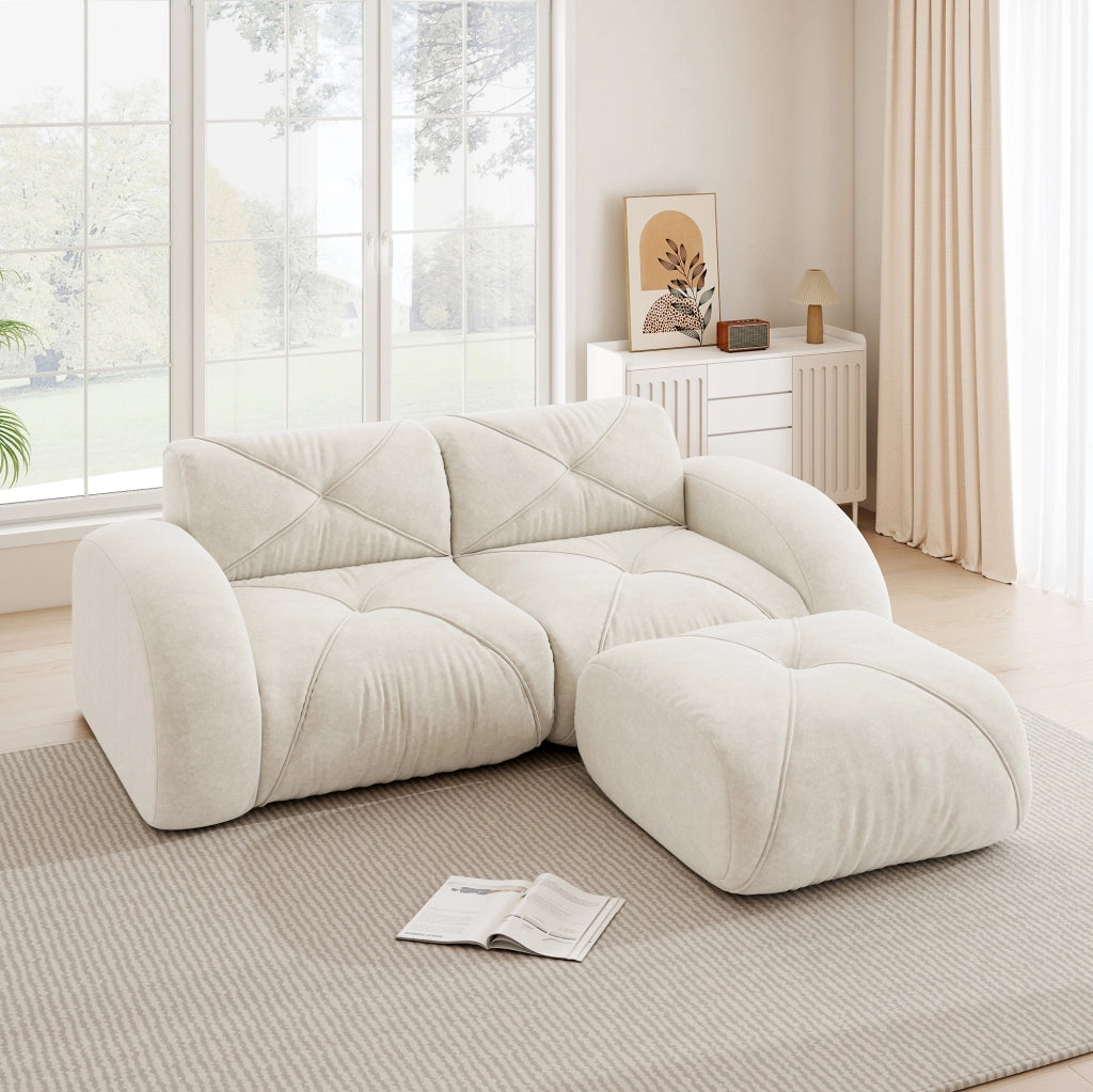Divano modulare 204x171x76 cm in chenille beige chiaro; design basso e imbottitura in schiuma 32D
