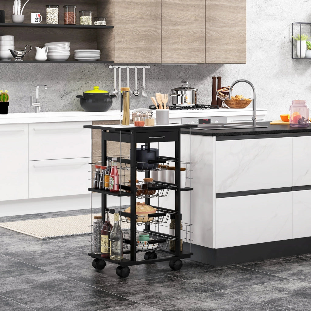 Carrello da cucina con ruote e cestini ¨C zephmum ¨C nero, bianco, legno, metallo, 4 cestini