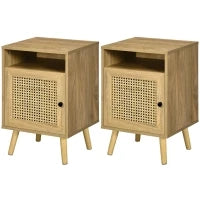 Set 2 Comodini in Stile Boho con Armadietto e Ripiano Aperto, in Truciolato, Rattan e MDF, 39x35x60 cm