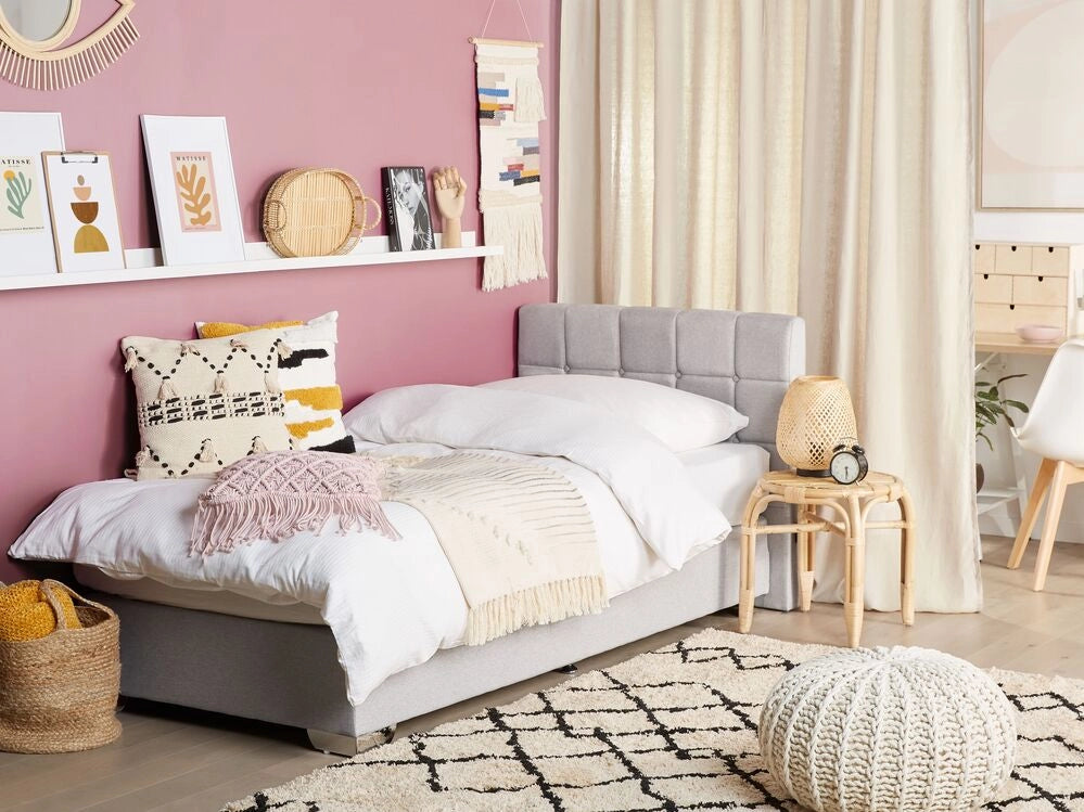 Letto continentale singolo da 90 x 200 in tessuto grigio con materasso contemporaneo
