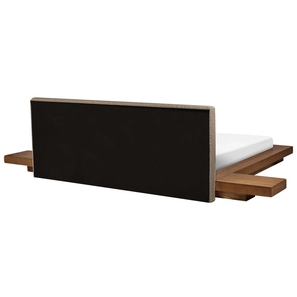 Letto matrimoniale ad acqua con testata e comodini in legno chiaro bouclé tortora 180 x 200 cm stile giapponese