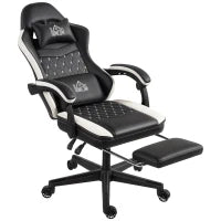 Sedia da Gioco con Poggiapiedi, Sedia da Computer con Cuscino per la Testa e per la Zona Lombare, Rivestimento in Similpelle, Girevole, Regolabile in Altezza, Metallo, Plastica, Nero+Bianco