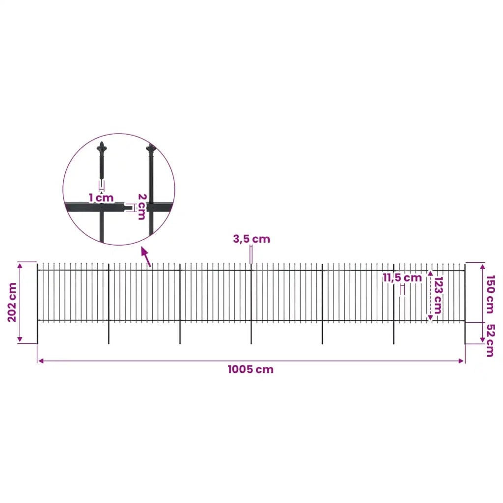 Recinzione da Giardino con Punta a Lancia in Acciaio 1005x150 cm Nero 277634