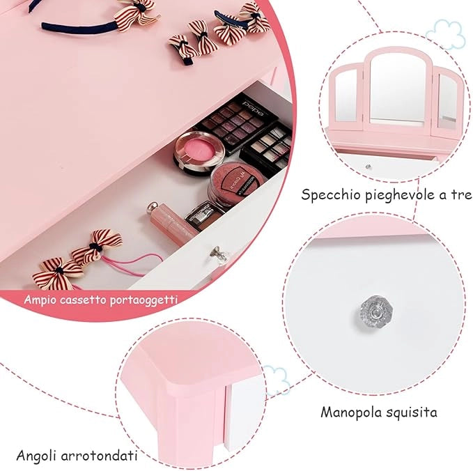 Toeletta Trucco per Bambina, Specchiera Trittica per Ragazza in Legno Robusto con Sgabello e Cassetto, Postazione Trucco 2 in 1 per Cameretta e Cmera da Letto, 95x70x34cm(Rosa)