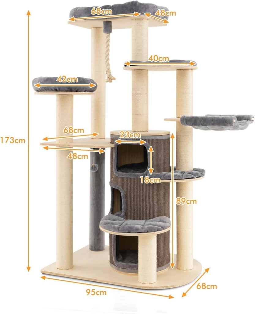 Albero per Gatti Moderno da 173 cm con 3 Piani, 2 Cucce, Amaca, Piattaforme, Tiragraffi in Legno per Gatti Interni
