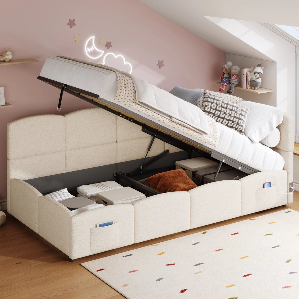 Letto singolo con contenitore 90x200 cm in bouclé beige; USB-A/USB-C e tasche laterali