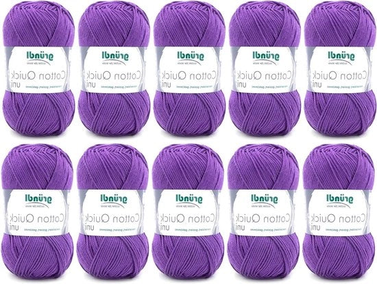 Set di fili a maglia in cotone 100% - 10 palline - certificato Oeko-Tex - colore viola - spessore 3-4 - 125 m - 29 x 12 x 7 cm