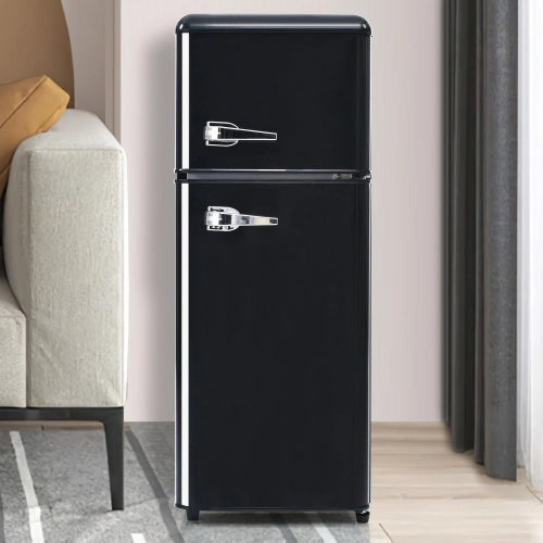 Frigorifero retrò; frigorifero congelatore; volume totale 92L; compartimento congelatore 28L; luce LED; efficiente energetico; nero