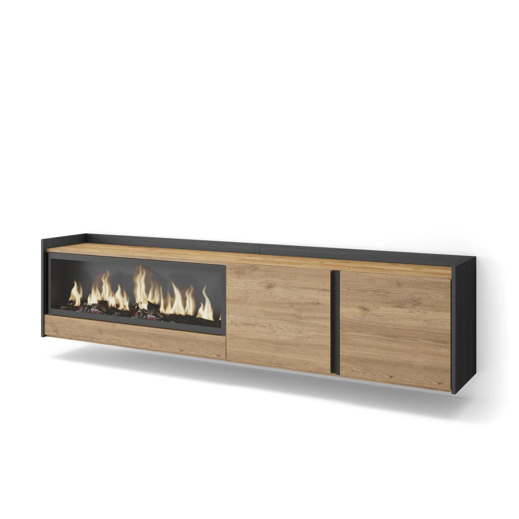 Mobile TV Soggiorno, 212x50x35 cm, Per TV fino a 80", Camino elettrico XXL, Sospeso, da appendere, Rovere e nero