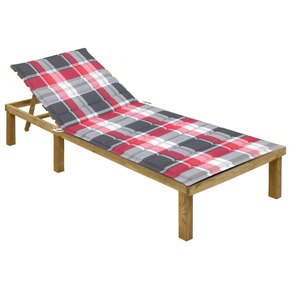 Lettino prendisole sedia a sdraio lettino prendisole letto da giardino mobili da esterno per patio con cuscino motivo a scacchi rossi legno di pino impregnato 02_0012433