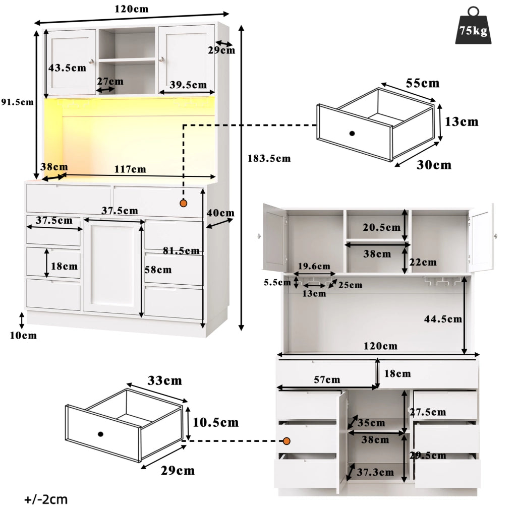 Credenza alta da cucina 120x40x183,5 cm bianca in MDF e metallo con LED