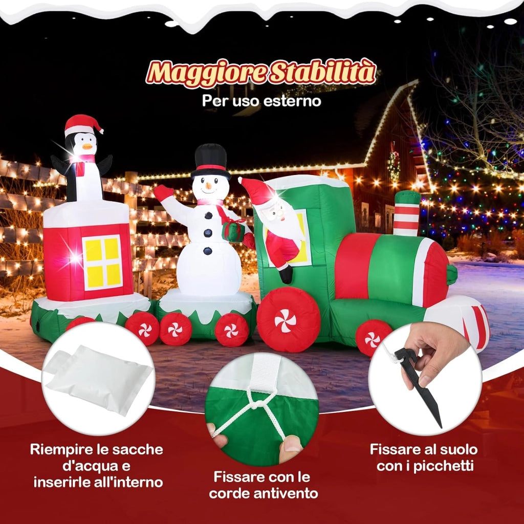 Treno di Natale Gonfiabile 350 cm con Pupazzo di Neve e Luci LED | Decorazione Natalizia da Esterno con Babbo Natale alla Guida, Pinguino e Scatola Regalo per Festa, Giardino e Cortile