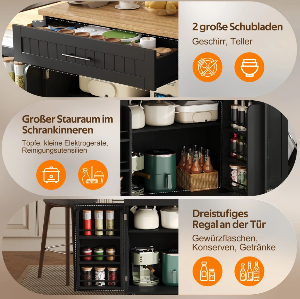 Isola da cucina con piano ribaltabile 130x70x93 cm in MDF nero; carrello con ruote bloccabili