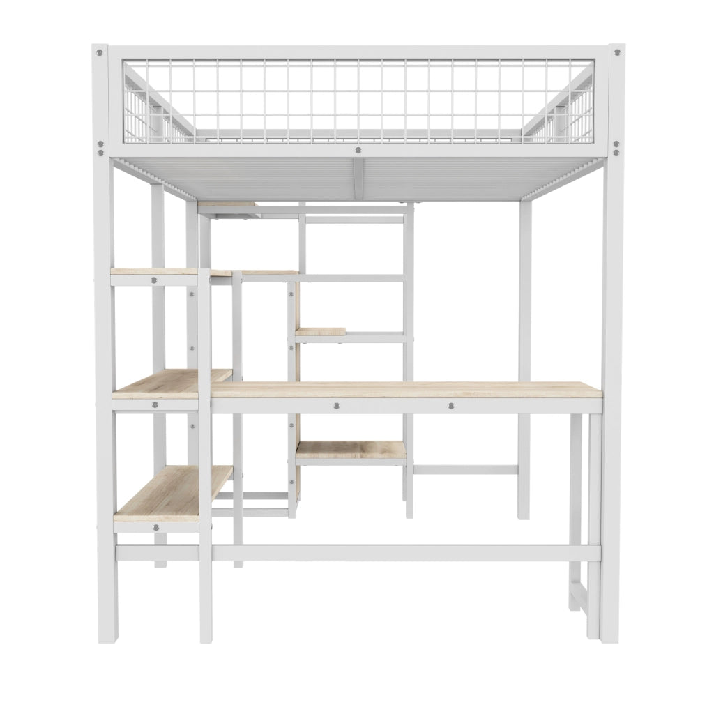 OKWISH Letto a Soppalco 140×200 cm, Letto Matrimoniale con Scrivania, Armadio e Scaffali, senza Materasso, in Metallo e MDF, Bianco