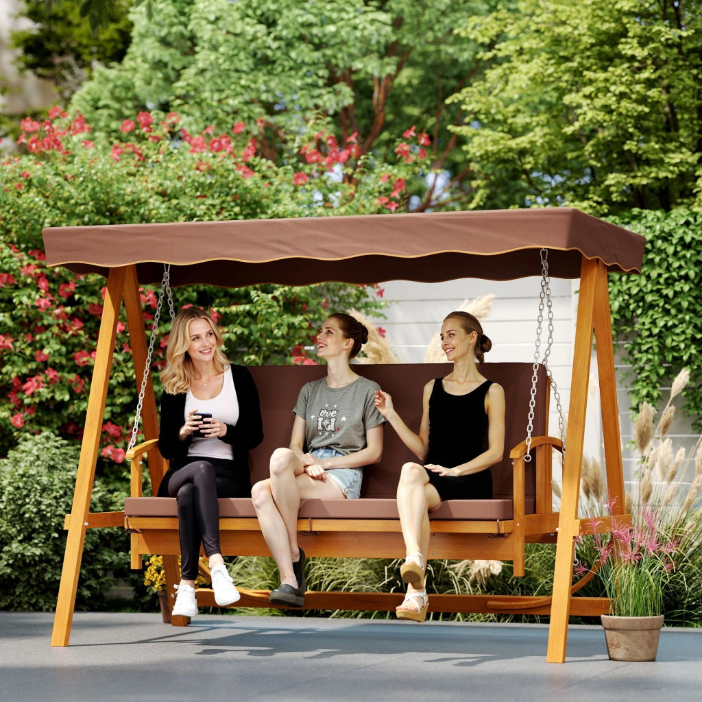 Altalena da giardino a 3 posti in legno massiccio confortevole velo solare color marrone
