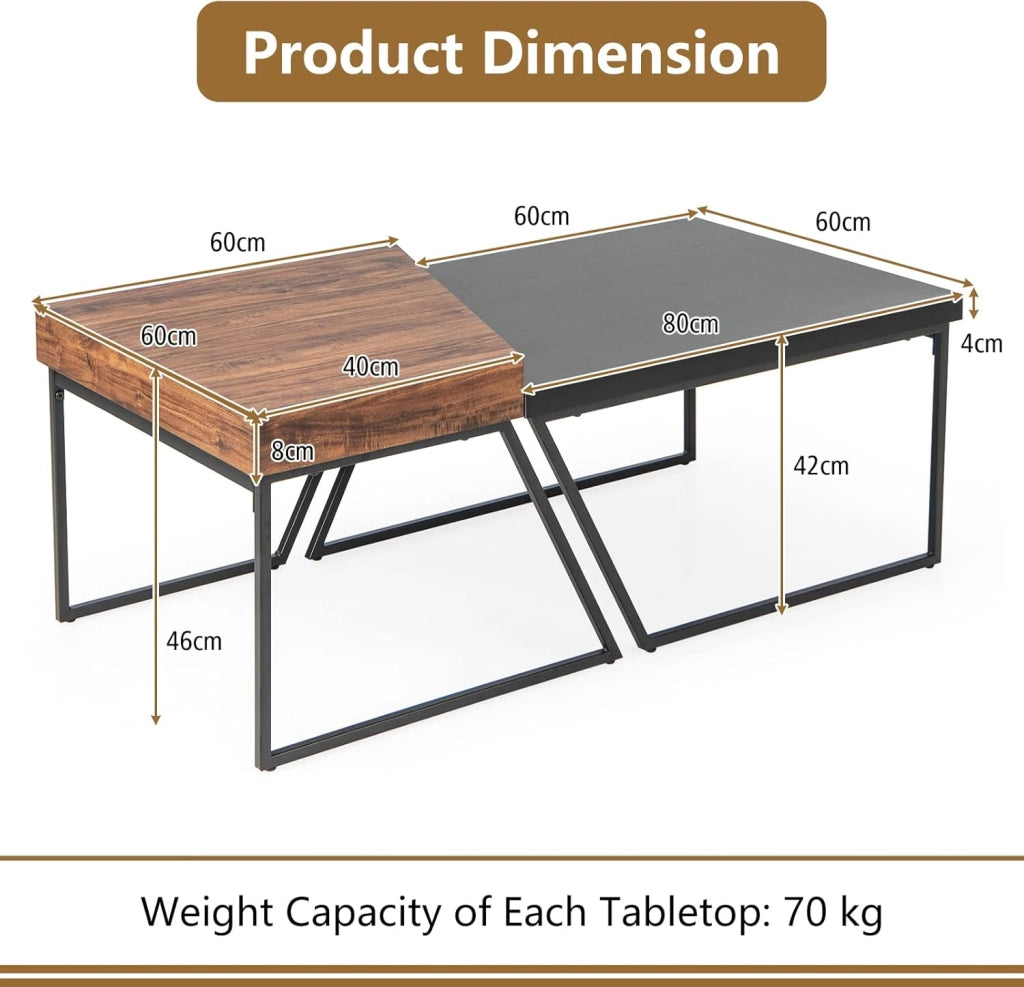 Set di 2 tavolini da caffè con gambe in metallo verniciato a polvere, stile trapezoidale, per soggiorno, ufficio, camera da letto, 120 x 60 x 46 cm, nero e marrone