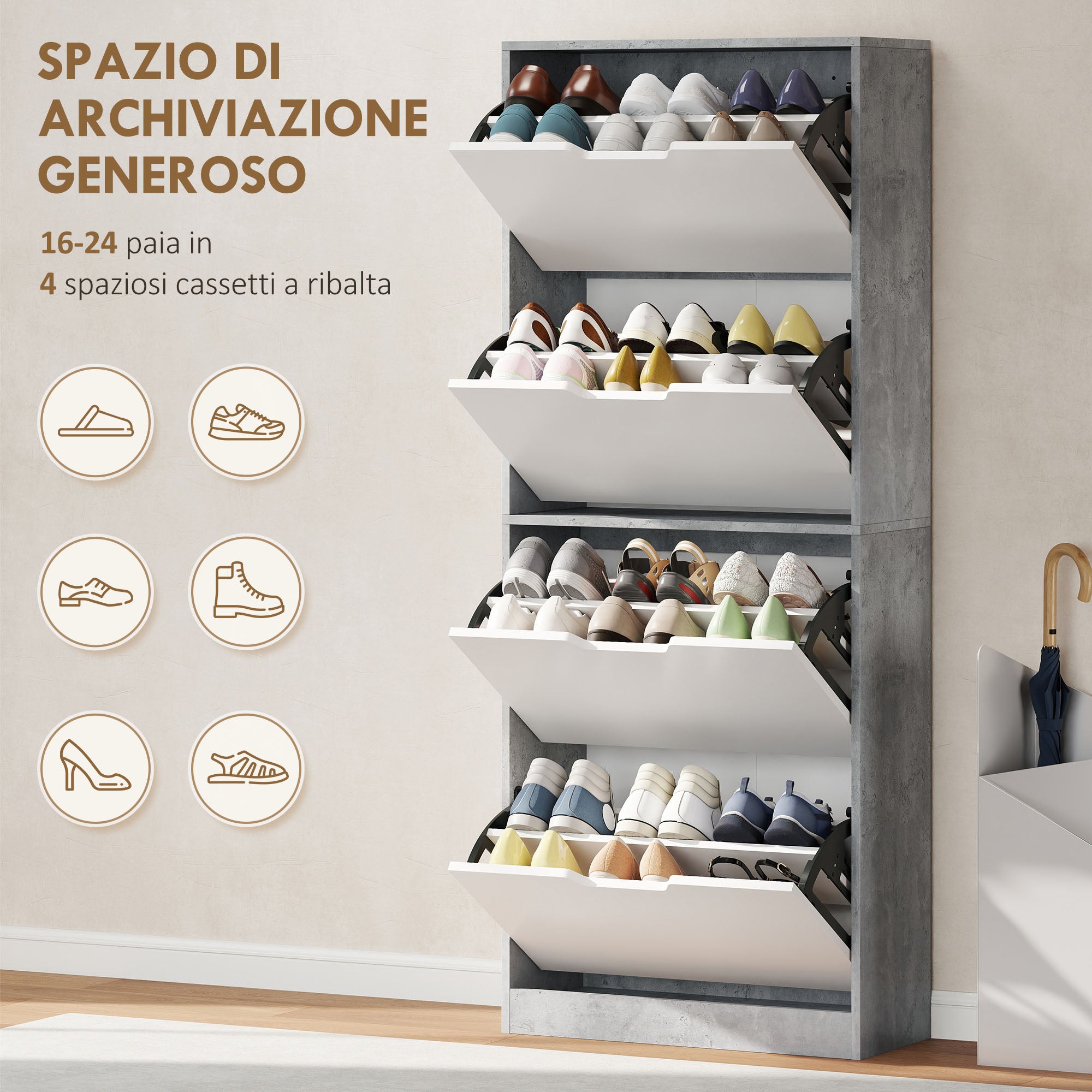 Scarpiera Salvaspazio Moderna 62,5x26x156 cm a 4 Ante per 16 Paia di Scarpe Grigio Cemento