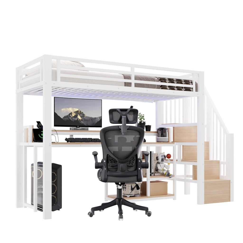 LETTO a Soppalco 90x200 cm Metallo e MDF Bianco con LED, USB e Type-C