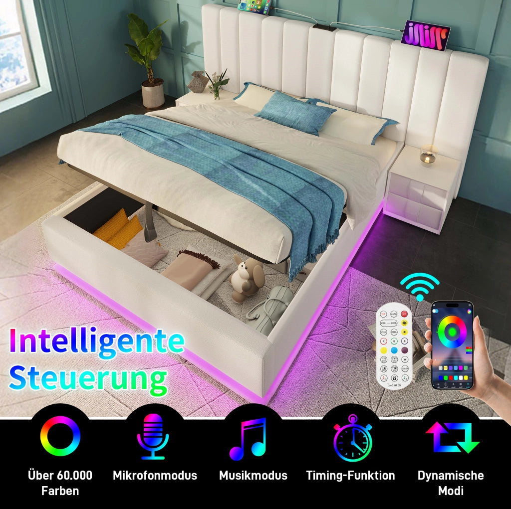 LETTO Contenitore 180x200 cm PU Bianco con LED e ricarica USB-C