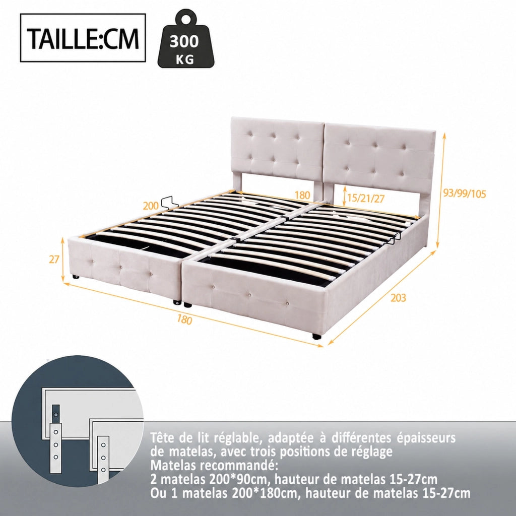 DESMIU Letto Contenitore 2 Posti con Contenitore e Testiera Regolabile 180 × 200 cm, Senza Materasso, Beige