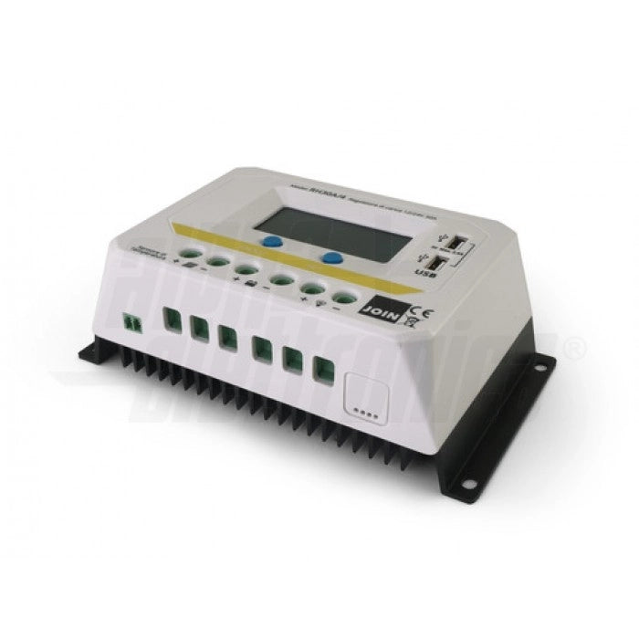 Regolatore di carica PWM 12/24V 30A con display, uscita USB 5V e crepuscolare configurabile