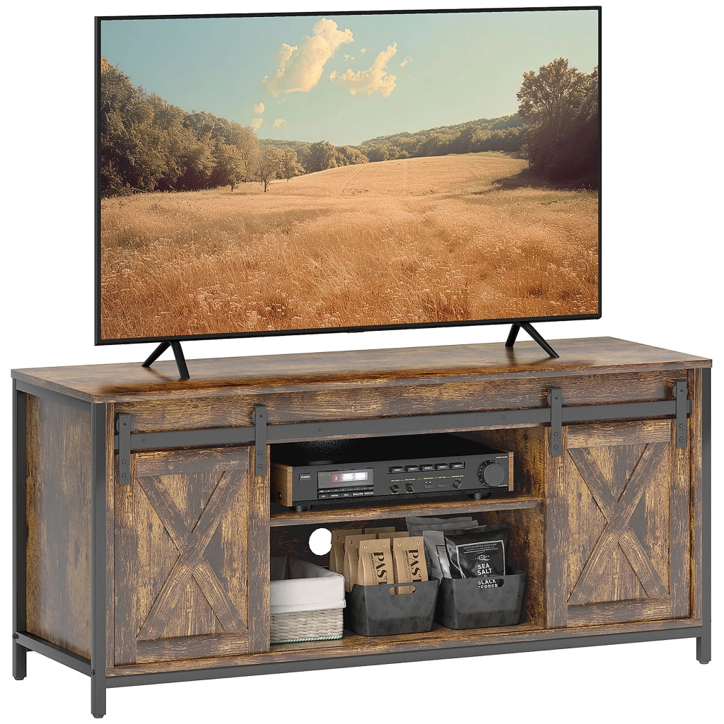 Mobile TV Design Industriale con 6 Ripiani e 2 Ante Scorrevoli ¨C zephmum ¨C Marrone/Nero 160x40x50
