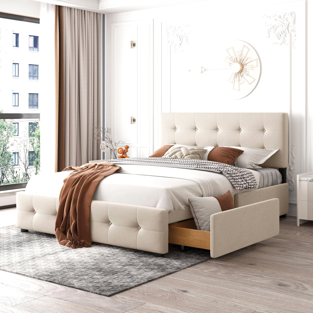 Letto imbottito beige con 4 cassetti, rete a doghe e testiera