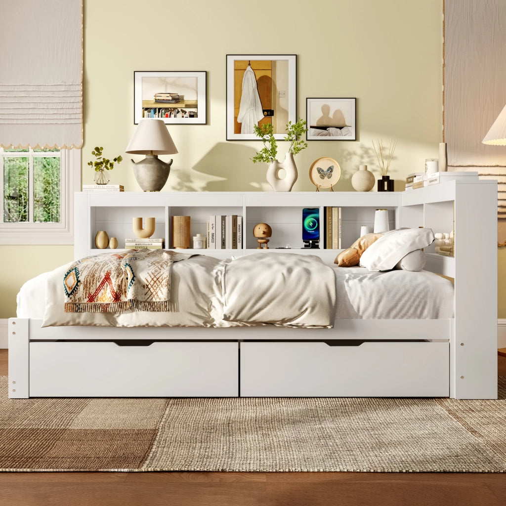 Letto a Divanetto 140x200 cm con Prese; 2 Porte USB; 2 Cassetti; in MDF e Pino; Bianco