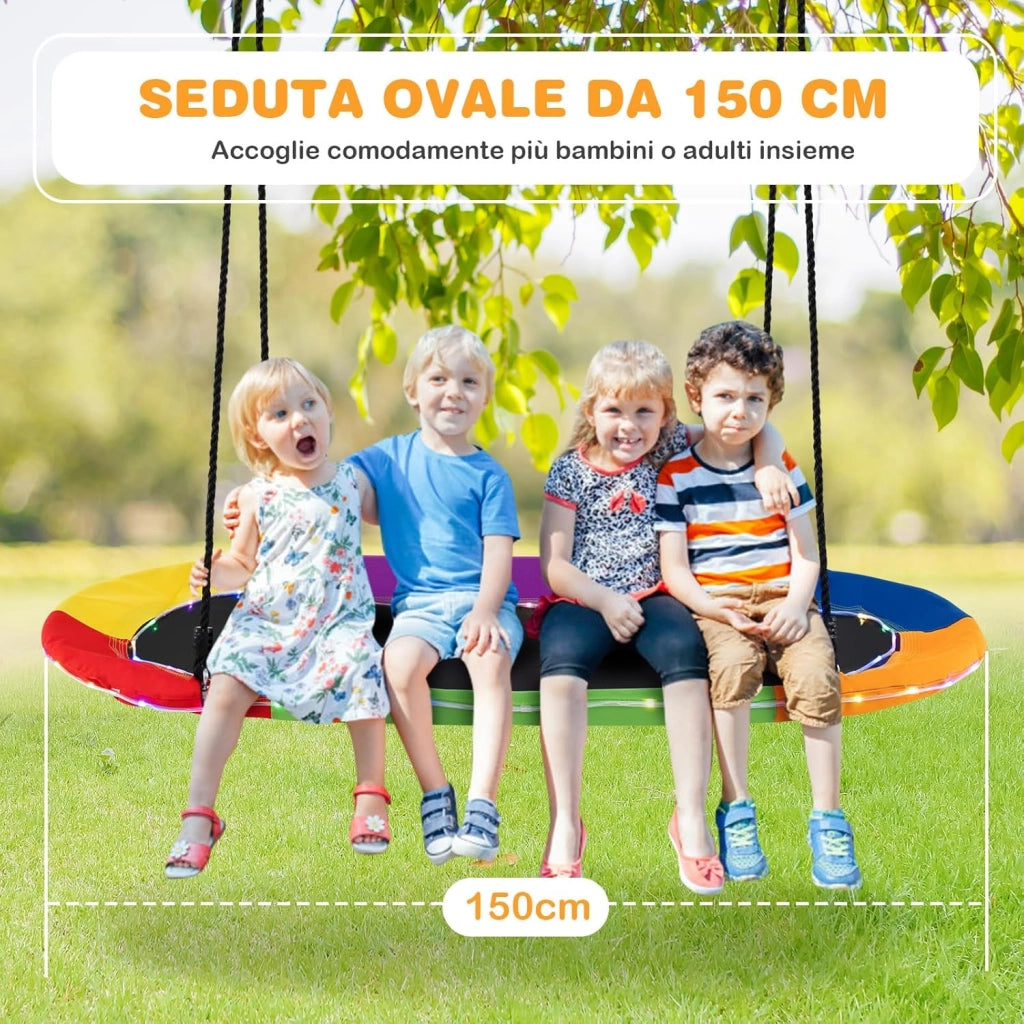 Altalena da Giardino per Bambini 150 cm, con Luci LED, Altalena da Albero con Struttura in Acciaio Antiruggine, Corde Regolabili, Portata 150 kg, per Bambini 3+ Anni