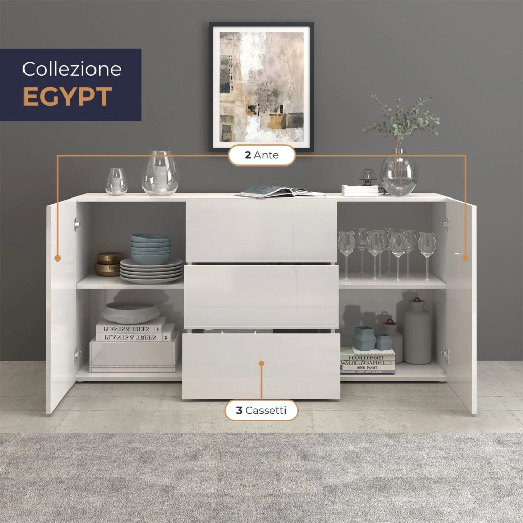 WHOUS Credenza Egypt a 2 ante e 3 cassetti bianco lucido 160x40x80 cm