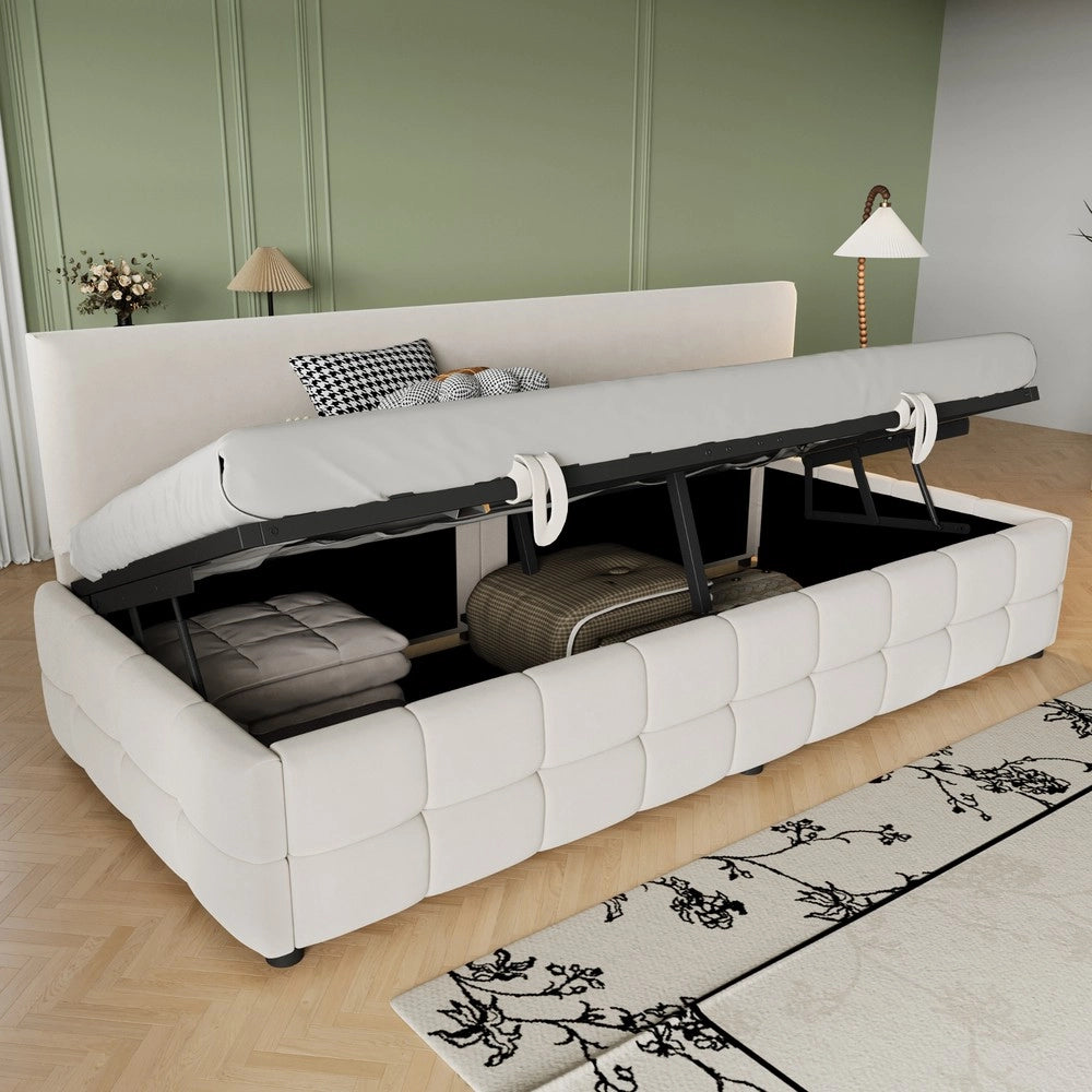 Letto Imbottito Singolo con Contenitore Idraulico ¨C MINIMAL ¨C Velluto Beige 90x200