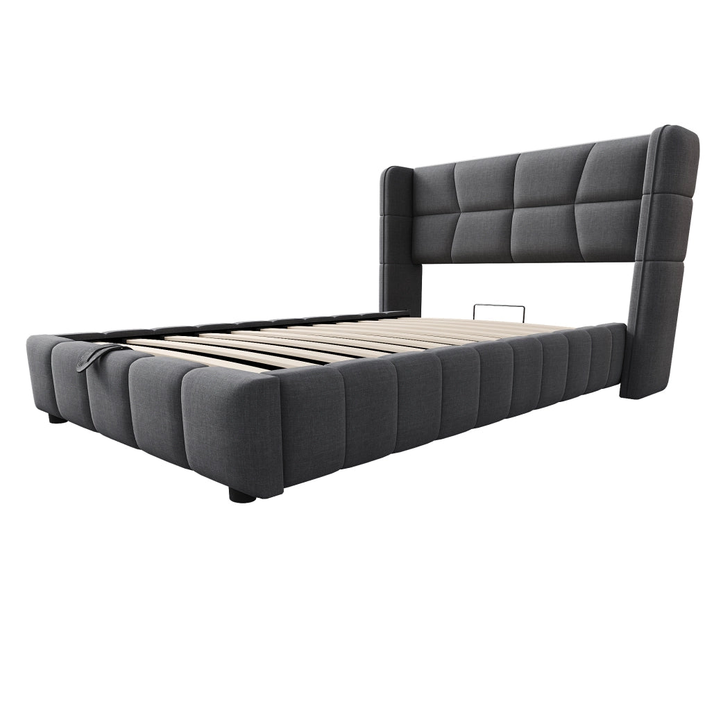 Letto imbottito 90x200 cm con contenitore e testiera in tessuto grigio