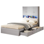 Letto Singolo 90 x 200 cm con Contenitore; LED; Presa e 2 Cassetti in Legno Grigio